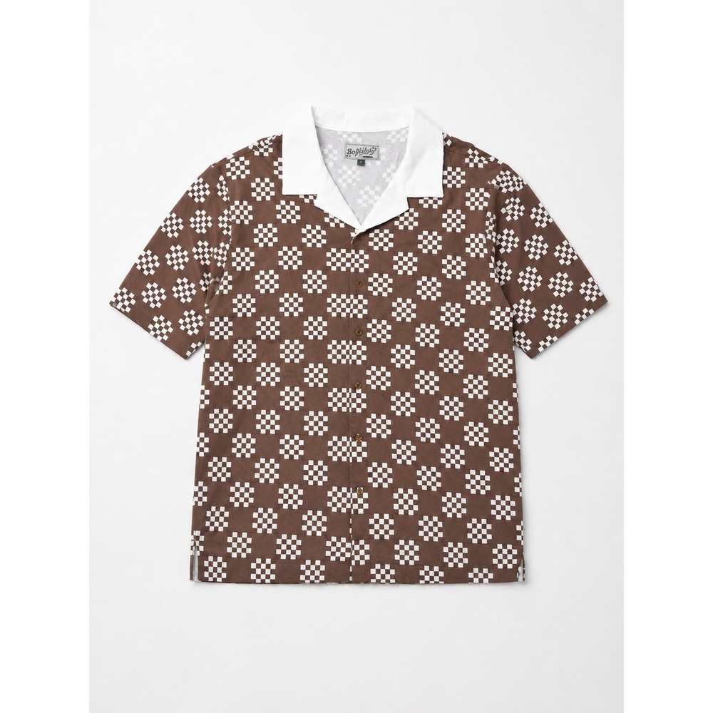 Bogey Boys Mens Brown White Checkered Short Sleeve Camp Collar Button Up Shirt S